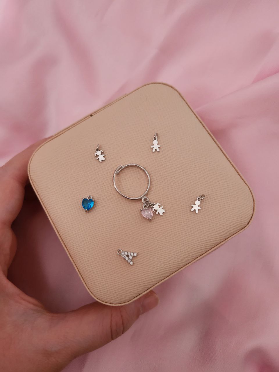 Anello con pendenti: bimba e cuore rosa - argento 925