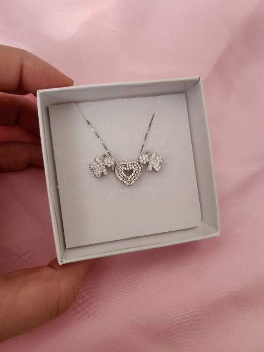 Collana con due bimbe passanti e cuore bianco traforato - argento 925