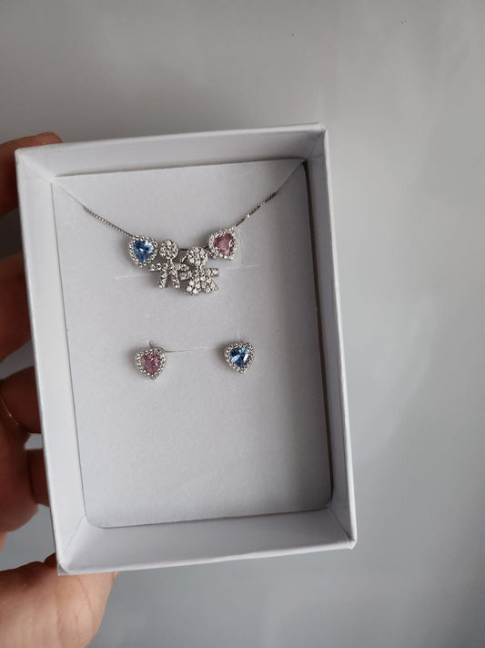 set collana con 4 ciondoli passanti e orecchini rosa e azzurro - argento 925