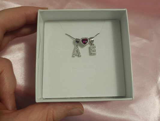 Collana con due iniziali e cuore bianco rosso - argento 925