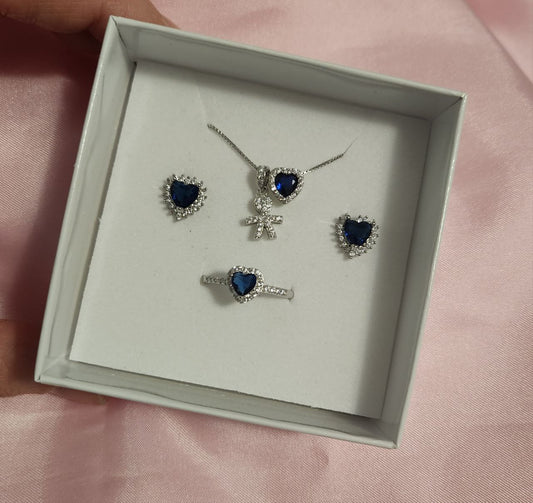 Set: collana con bimbo e cuore blu + orecchini cuore blu + anello cuore blu - argento 925
