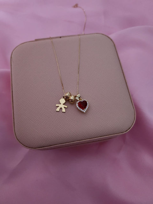 Collana con bimbo mini oro giallo + cuore rosso pendente  - argento 925