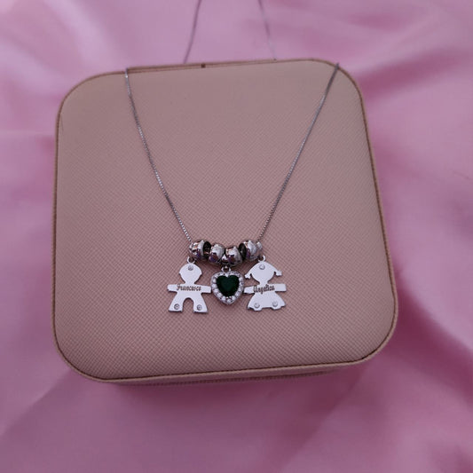 Collana con due bimbi+ ciambelle + cuore verde - argento 925