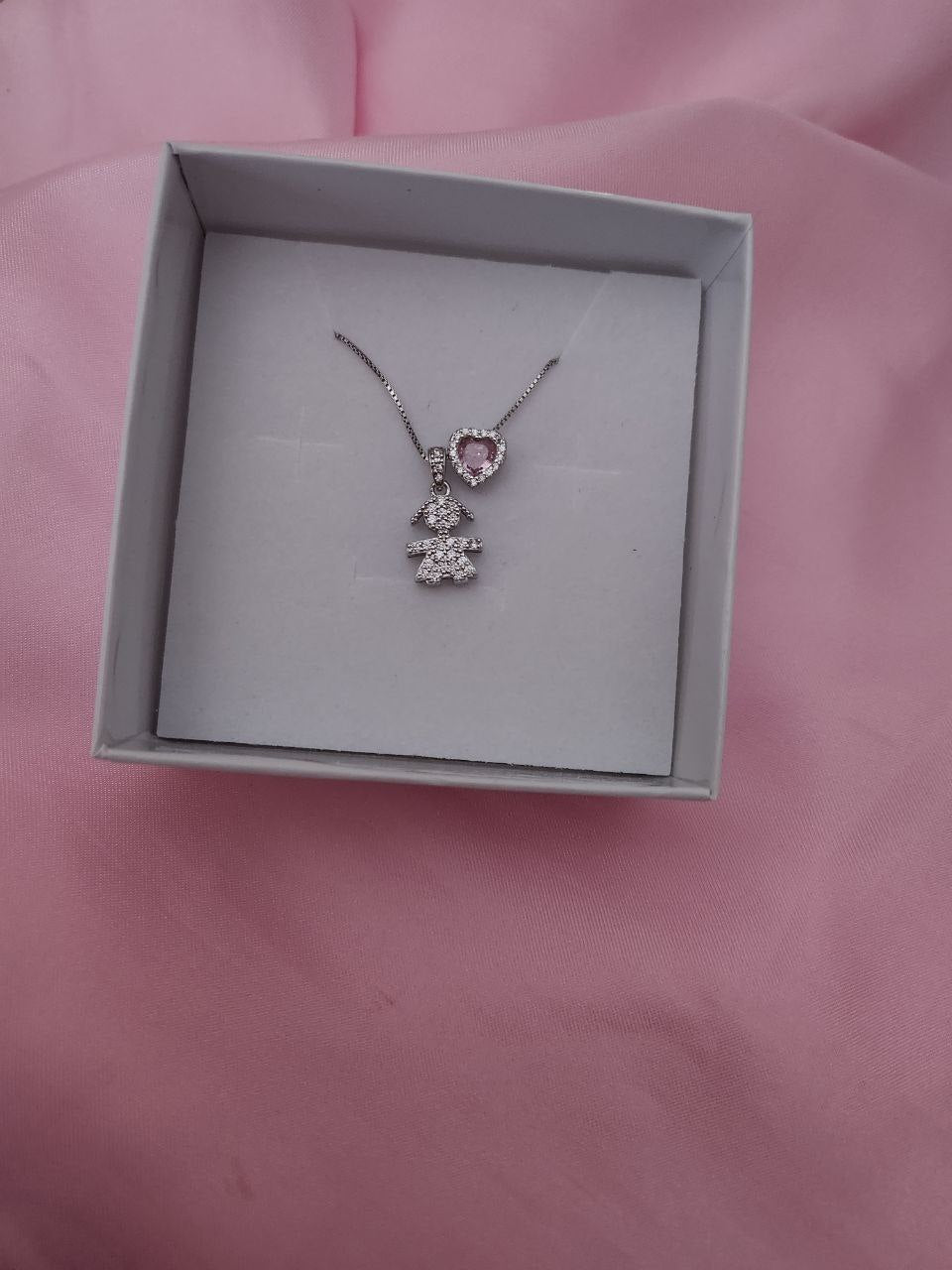 Collana con bimba maxi e cuore rosa - argento 925