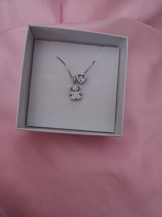 Collana con bimba maxi e cuore rosa - argento 925