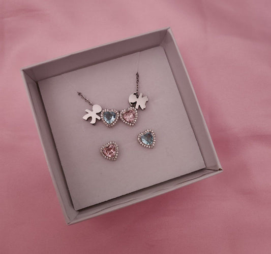 SET Collana con bimbo e bimba con cuori interni maxi + orecchini alternato maxi