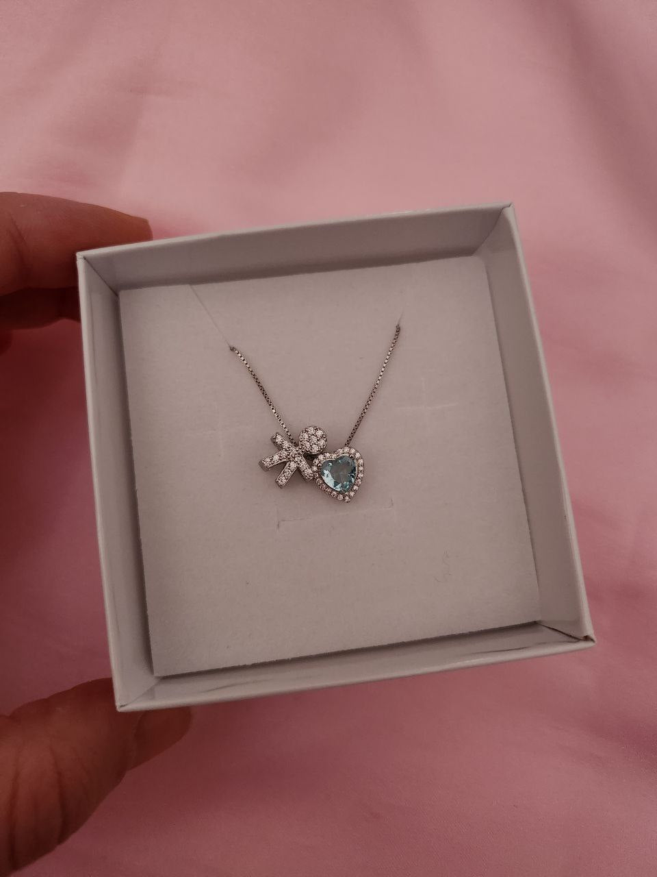 Collana con bimbo zirconato passante e cuore acquamarina maxi