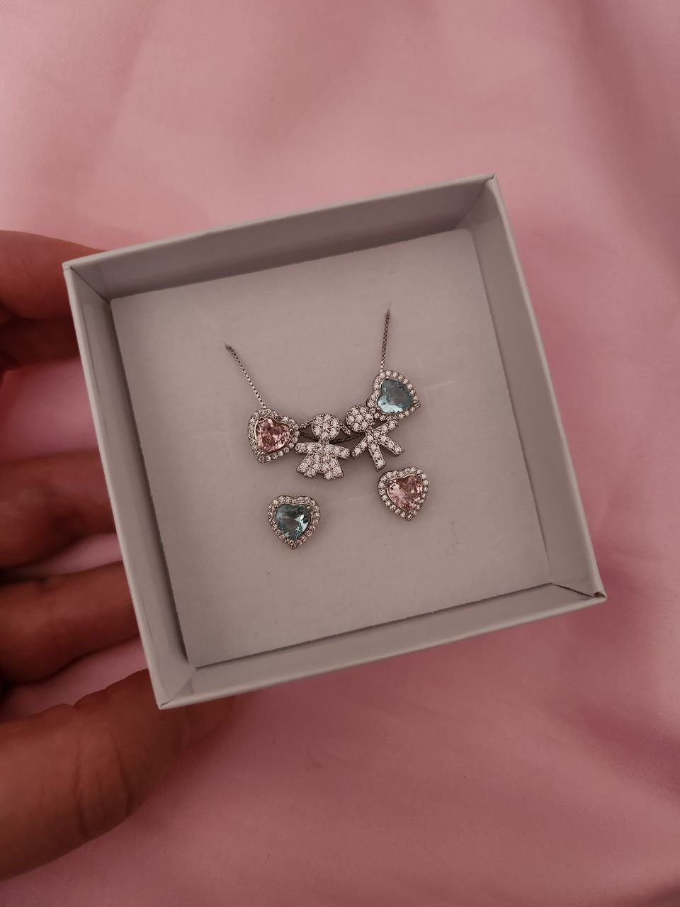 SET Collana con bimbo e bimba con cuori esterni + orecchini alternato - argento 925
