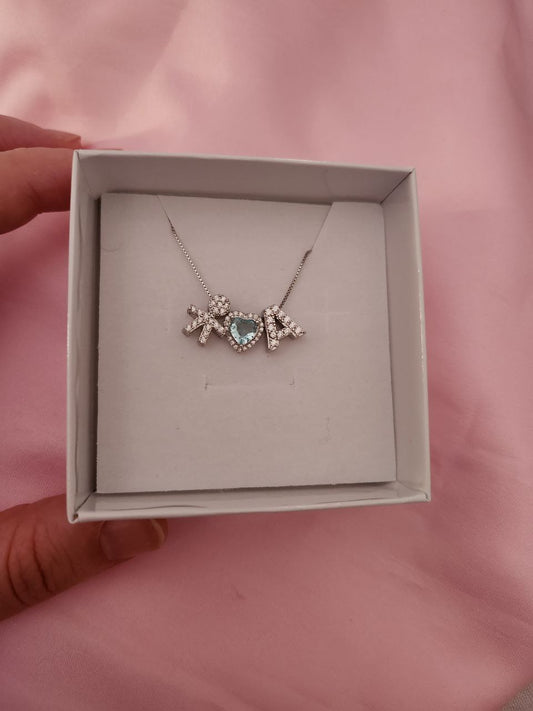 Collana con iniziale personalizzata + cuore acquamarina maxi + bimbo passante + argento 925