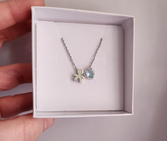 Collana con bimbo e cuore acquamaria maxi