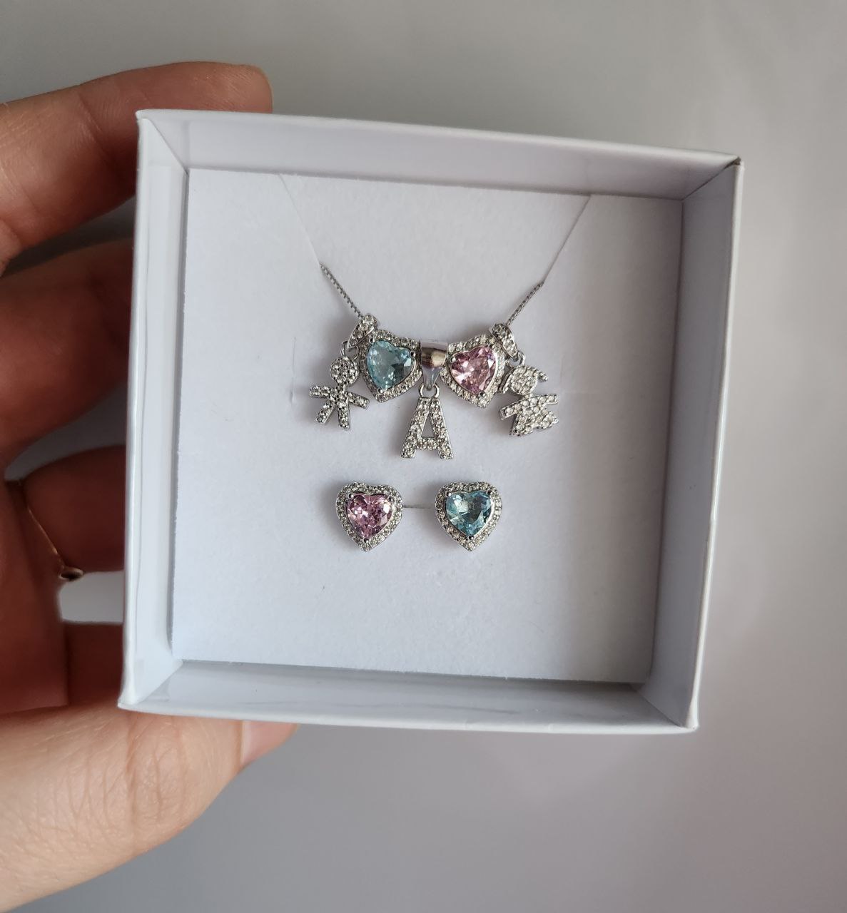 Set: collana con bimbi, cuori e iniziale + orecchini- argento 925