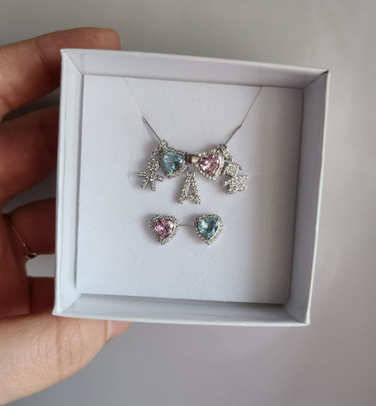 Set: collana con bimbi, cuori e iniziale + orecchini- argento 925