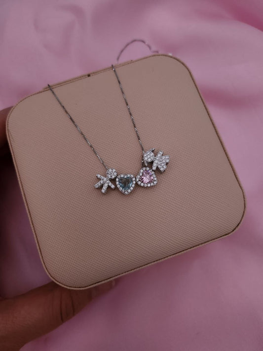 Collana con bimbo e bimba e due cuori interni acquamarina e rosa  - argento 925
