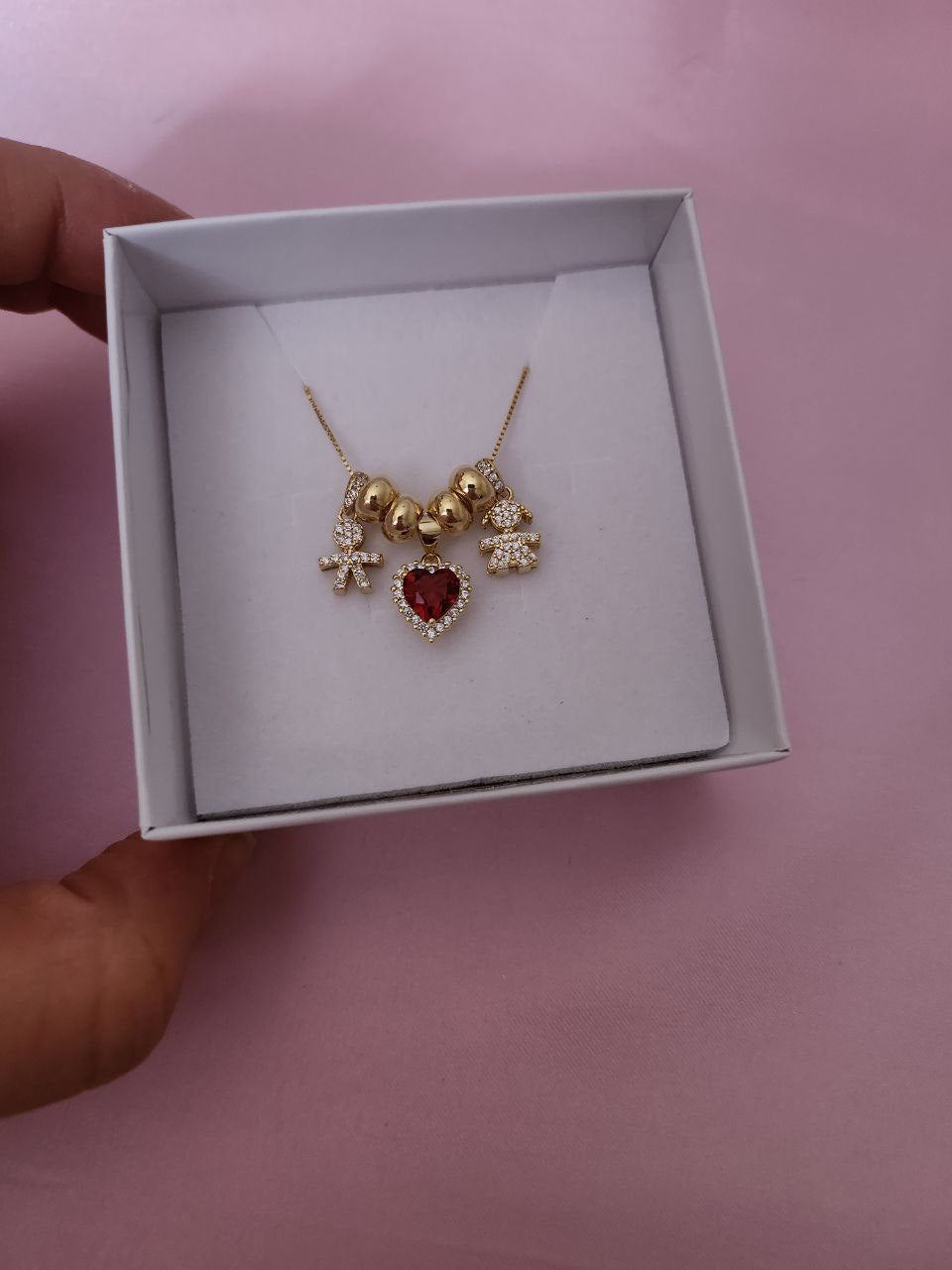 Collana due bimbi e cuore rosso con ciambelline - argento 925 gold