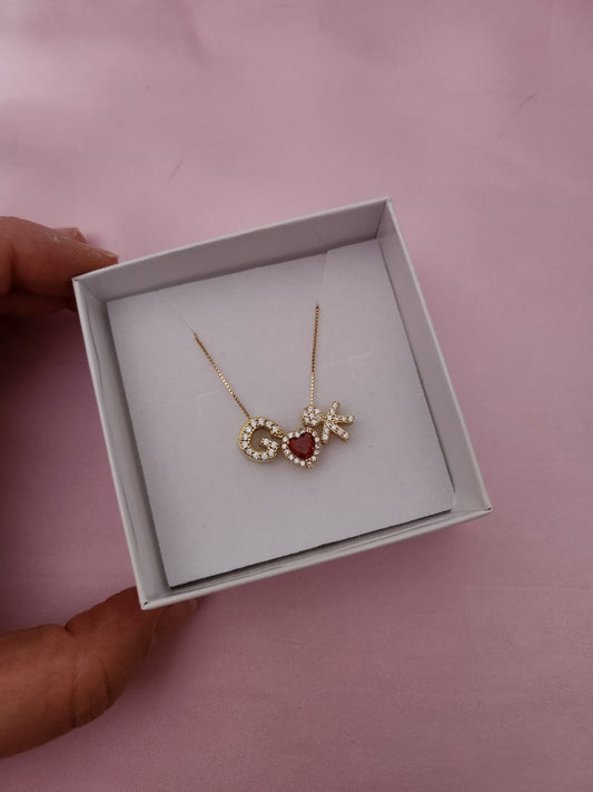 Collana con iniziale personalizzata e cuore passante rosso maxi e bimbo - argento 925 oro