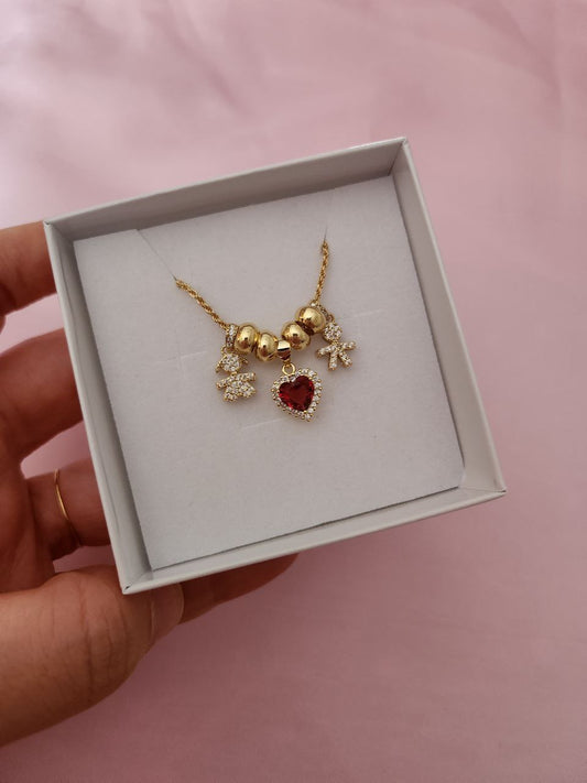 Collana torchon con maschio e femmina + cuore rosso pendente - argento 925 oro