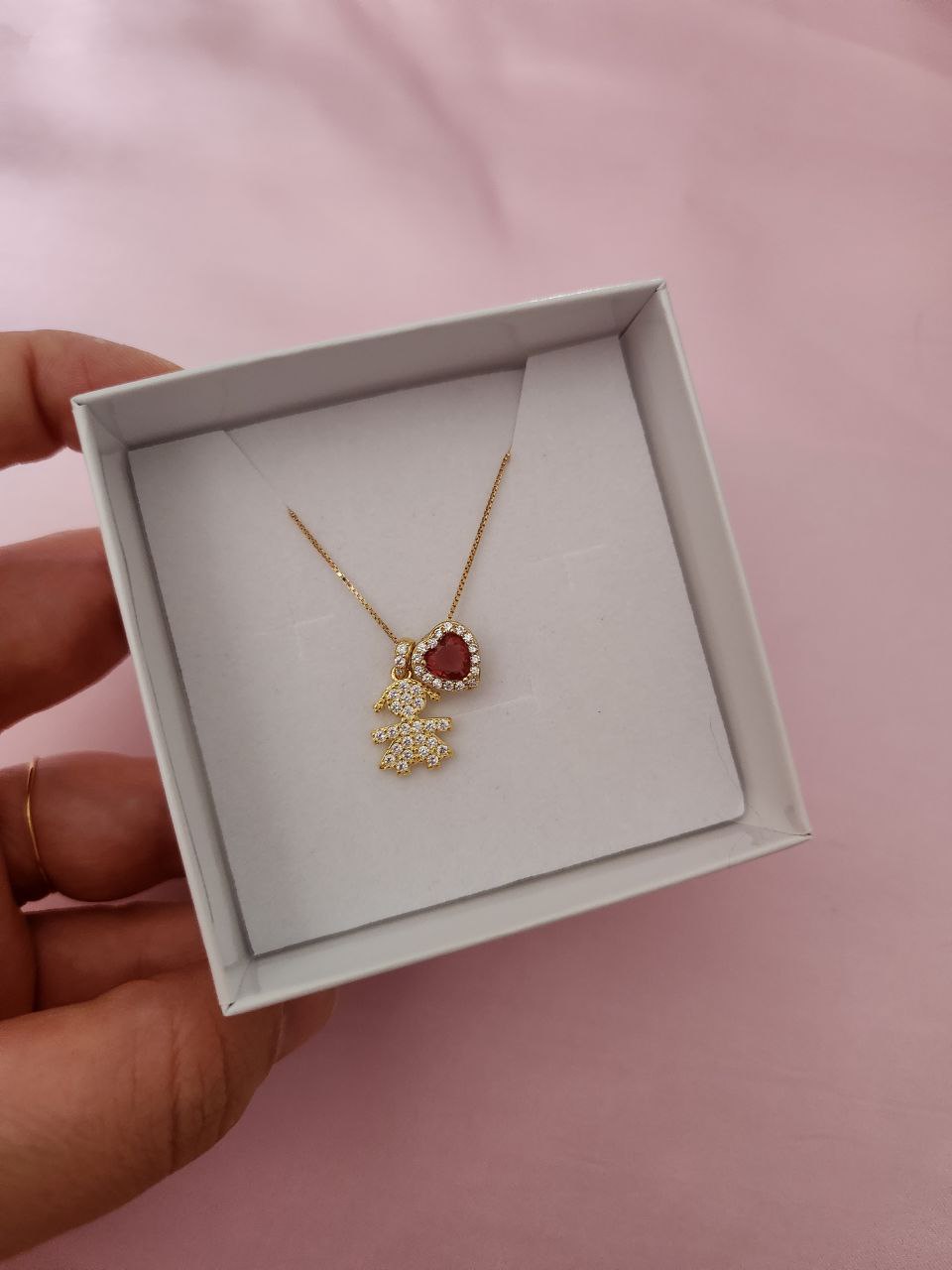 Collana con bimba pendente e cuore passante rosso maxi  - argento 925 oro