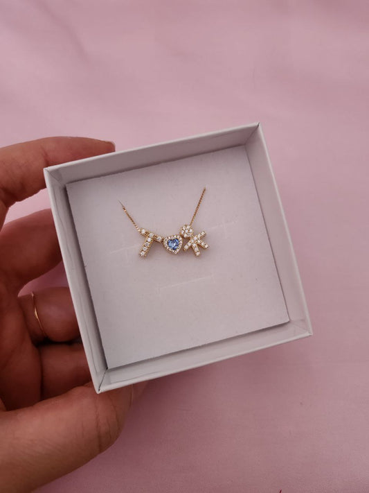 Collana con iniziale+ cuore + bimbo/a - argento 925 bagnato oro