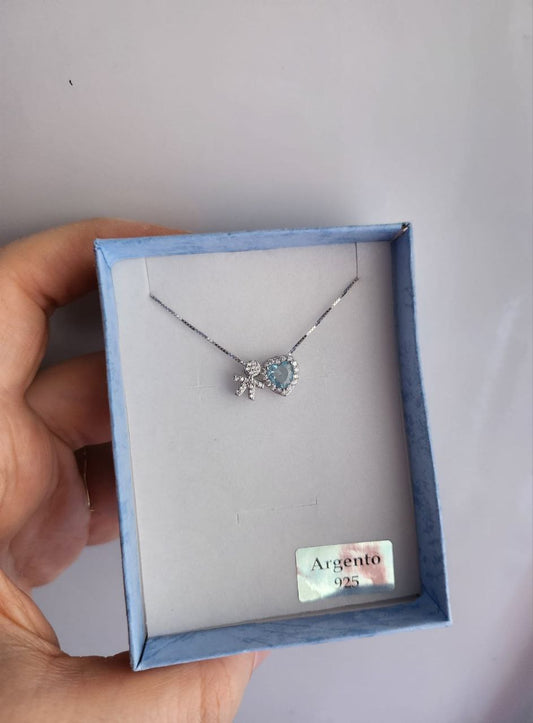 Collana con bimbo zirconato passante e cuore acquamarina maxi -argento 925