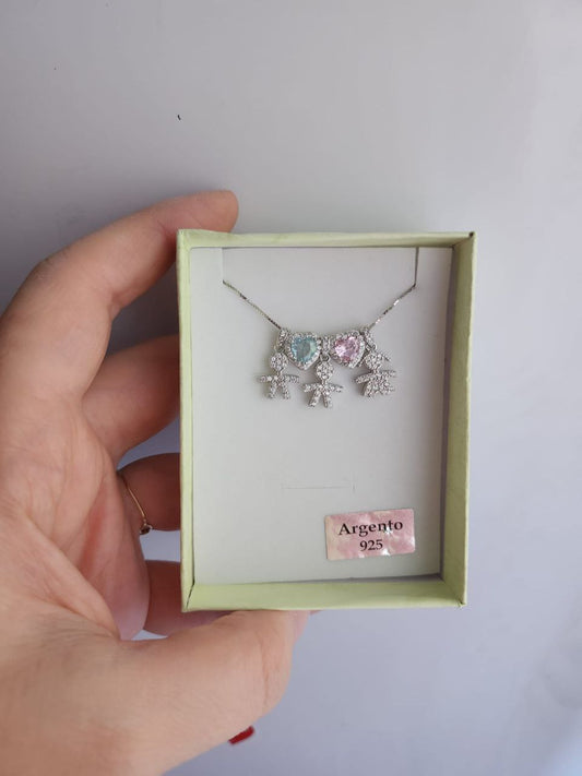 Collana con tre bimbi pendenti e due cuori maxi  argento 925