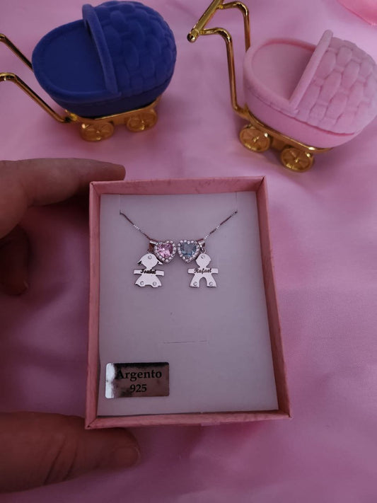 Collana con due bebè personalizzati + due cuori maxi acquamarina e rosa-argento 925