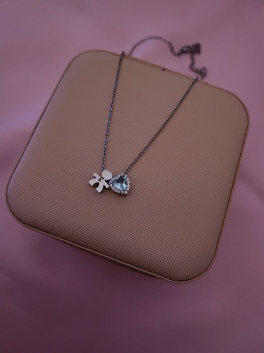 Collana con bebè pesonalizzato e cuore acquamarina