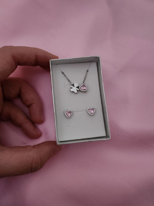 Set con collana bimba e cuore rosa con orecchini cuore rosa