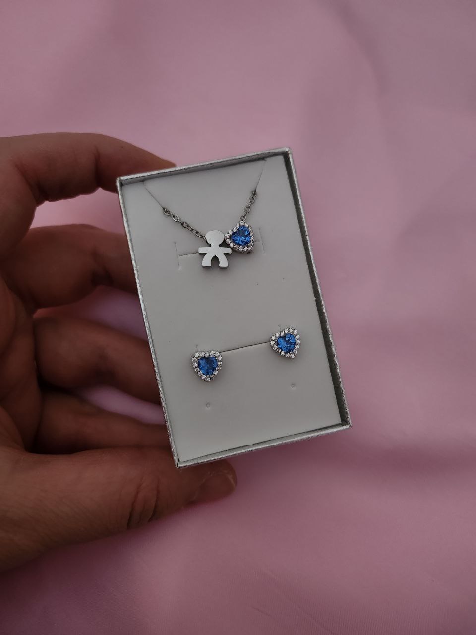 Set con collana bimbo e cuore e orecchini cuore colorazione azzurro intenso