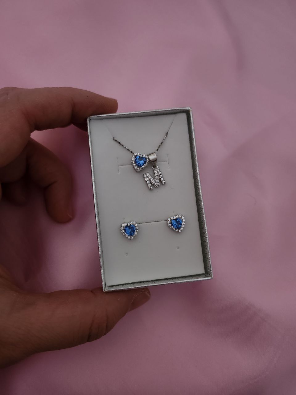 Set iniziale personalizzata + cuore azzurro intenso -argento 925