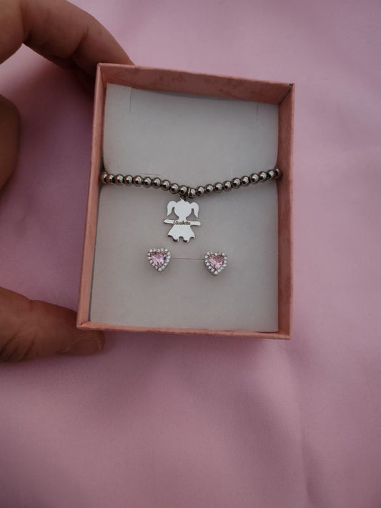 SET:Bracciale con bimba personalizzata e orecchini cuore rosa- argento 925