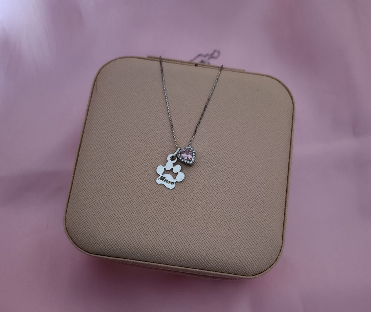 Collana con zampa e cuore rosa - argento 925