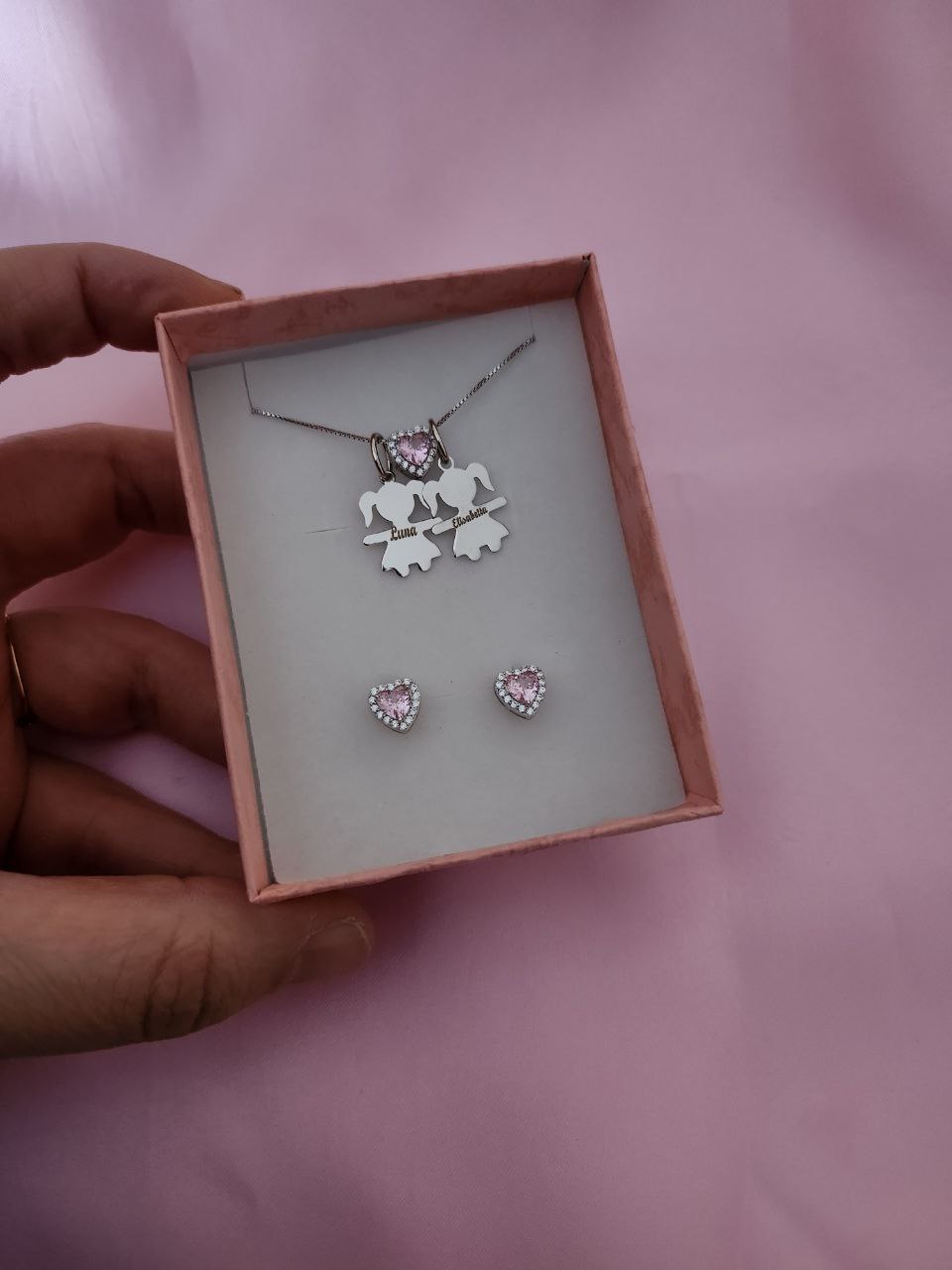 SET Collana con due bimbe personalizzate e cuore rosa e orecchini cuore rosa - argento 925