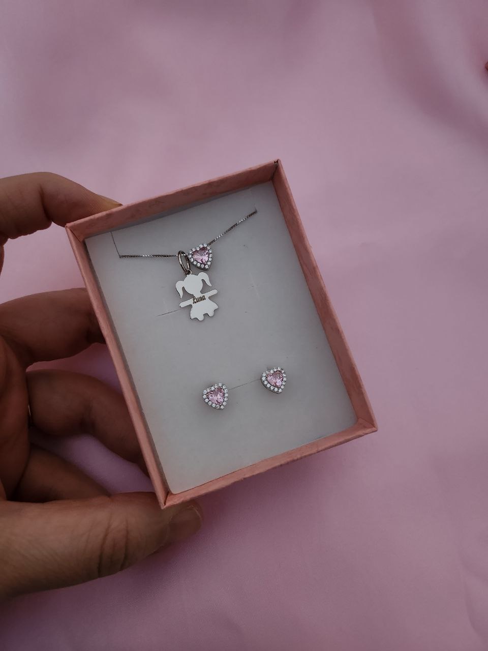 Set con bimba e cuore rosa + orecchini - argento 925
