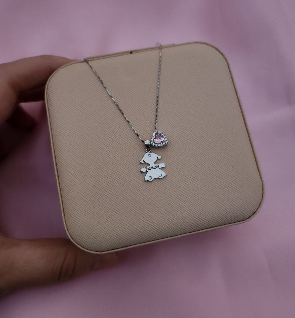 Collana con bimba personalizzata e cuore rosa- argento 925