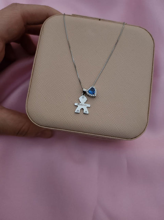 Collana con bimbo personalizzato e cuore azzurro - argento 925