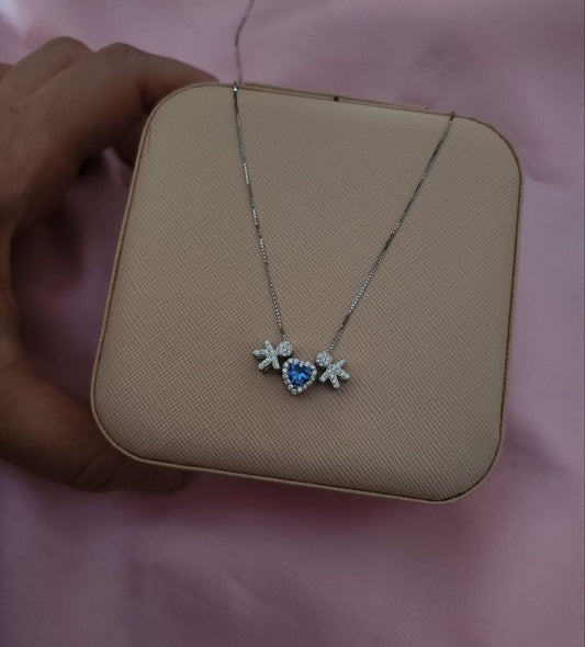 Collana con due bimbi passanti e cuore azzurro intenso - argento 925