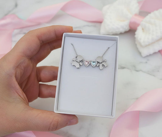 Collana  con bimbo e bimba personalizzati + cuore acquamarina e rosa