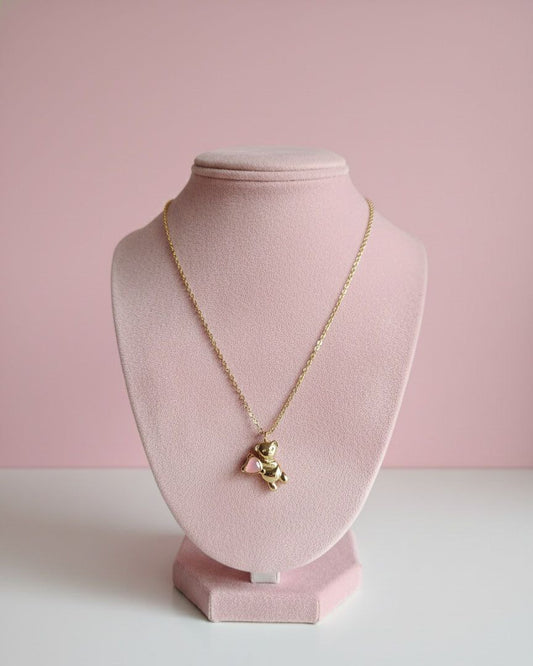 Collana  oro con orsetto e cuoricino rosa