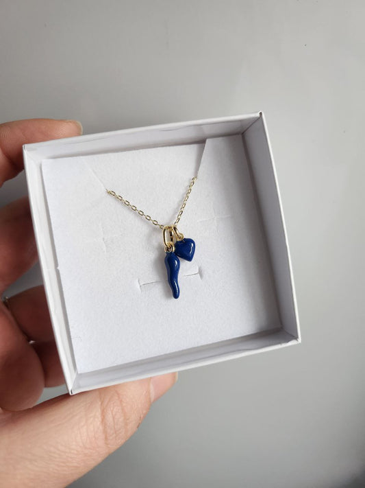 Collana con corno e cuore bombato blu - argento 925 oro