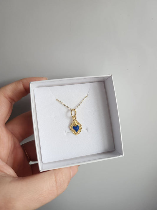Collana con cuore sacrosmaltato blu - argento 925 oro