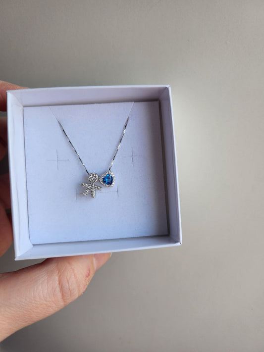 Collana con bimbo zirconato e cuore azzurro - argento 925