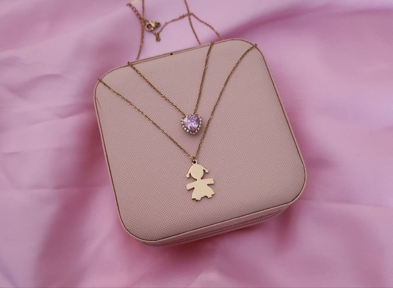 Set  bebè due collane cuore rosa base oro