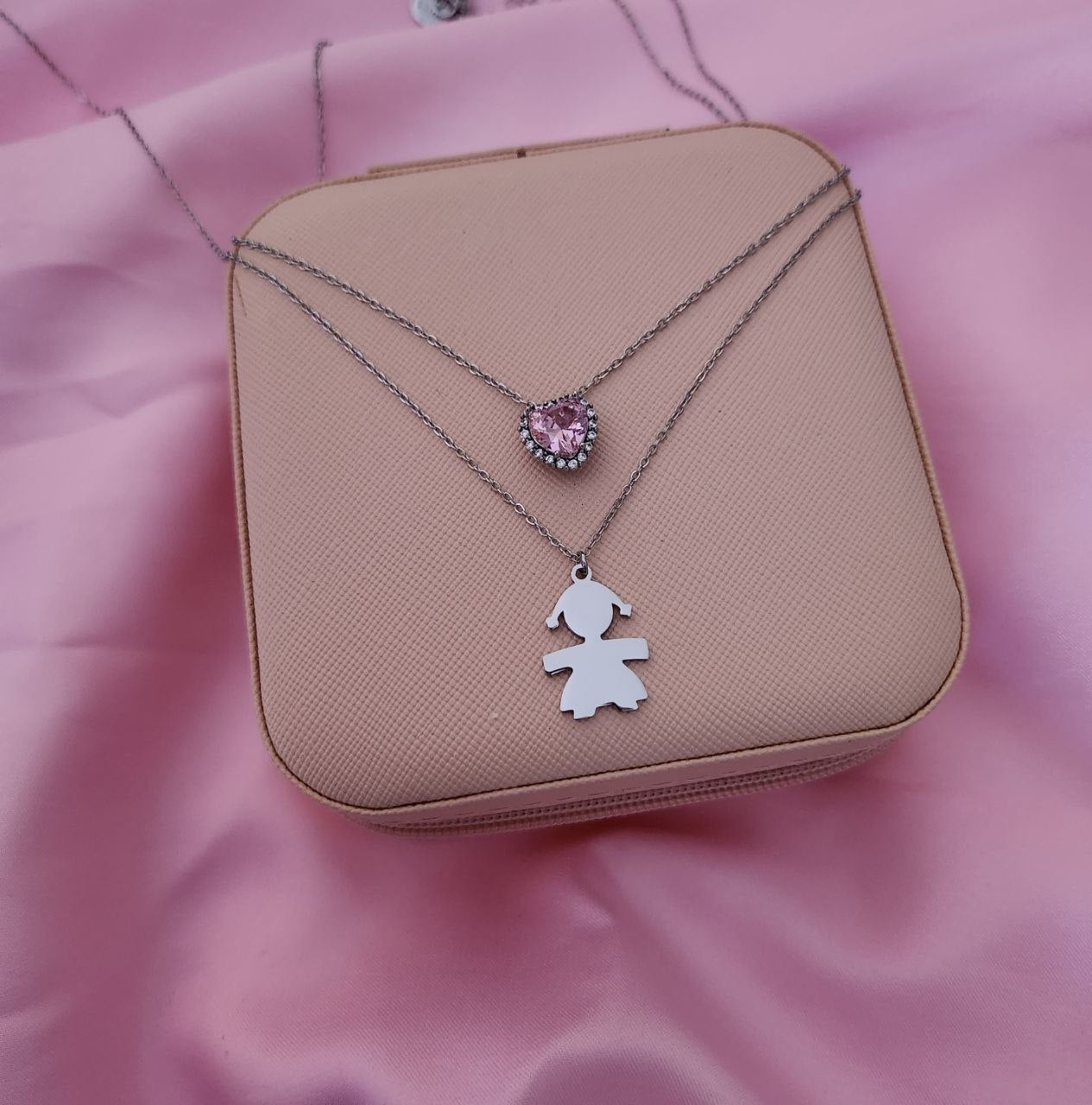 Set  bebè due collane cuore rosa  base silver